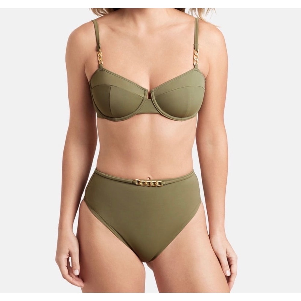 Sofia Vergara Bikini Set Women L Green High Waist Gold Chain Underwire 2pc NEW